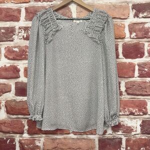 Max Studio Top Shirt Women's Large White Black Polka Dot Ruffle Popover